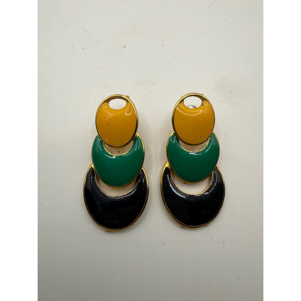 Vintage Enamel Tiered Crescent Drop‎ Earrings Gold Tone Yellow Green Black Post